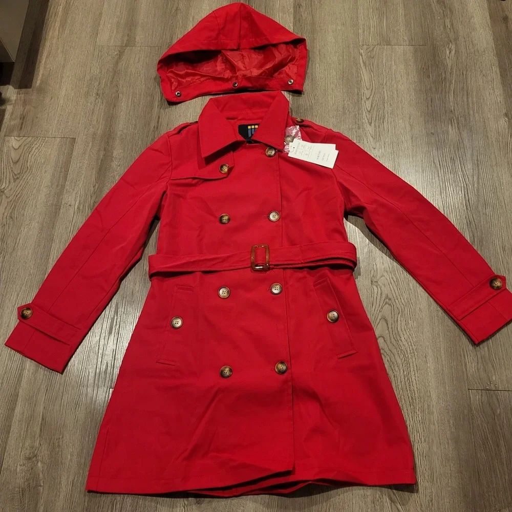CREATMO US Women's Dress Coats Double-Breasted Trench Coat with Belt Red Size M